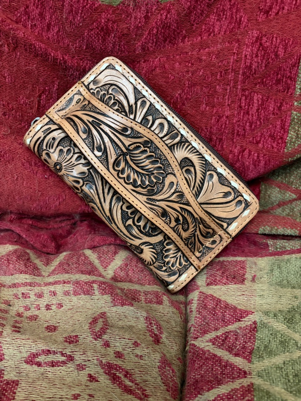 Hand-Tooled Floral Leather Wallet - Tan & Black